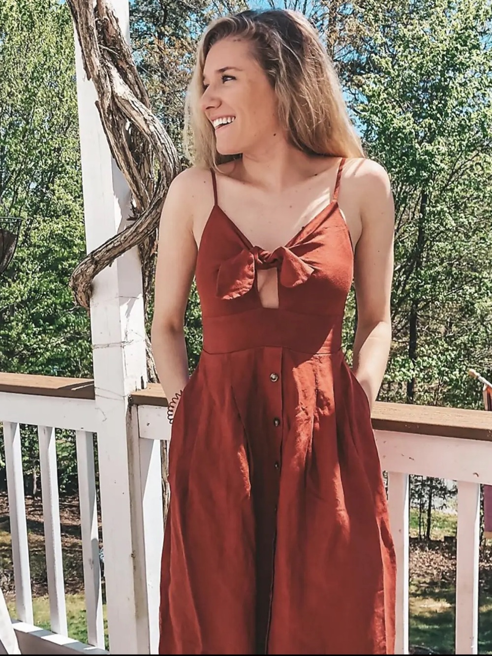 Express Fit & Flare Linen Rayon Keyhole knot Smoked back Sexy Retro Midi Dress